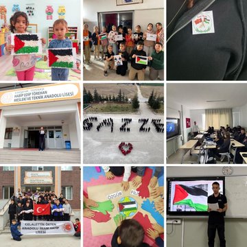Multiple collage images depict school children in classrooms and outdoors holding Palestinian and Turkish flags, drawing Palestinian maps and flags on papers and boards, creating heart shapes with flags on snow, displaying banners with messages like Filistin and Gazze in Turkish, showing school buildings with Palestinian flag displays, teachers instructing on maps and flags, students in uniforms participating in awareness activities with crayons and posters, a screen projecting Filistin content, and group photos of students waving flags.