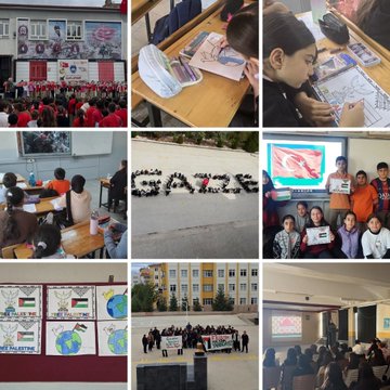Multiple collage images depict school children in classrooms and outdoors holding Palestinian and Turkish flags, drawing Palestinian maps and flags on papers and boards, creating heart shapes with flags on snow, displaying banners with messages like Filistin and Gazze in Turkish, showing school buildings with Palestinian flag displays, teachers instructing on maps and flags, students in uniforms participating in awareness activities with crayons and posters, a screen projecting Filistin content, and group photos of students waving flags.