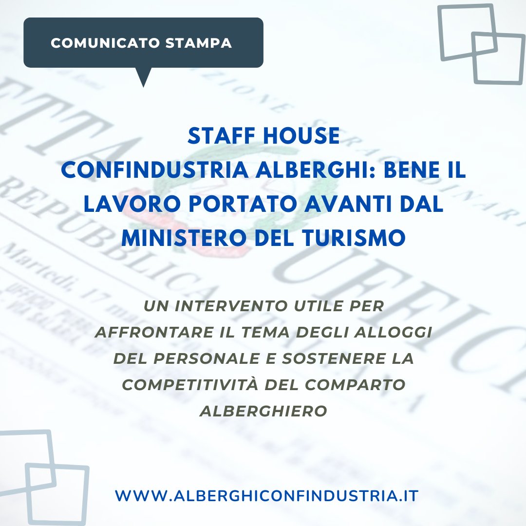 #comunicatostampa
Staff House. <a href="/confalb/">ConfindAlberghi</a> : bene il lavoro portato avanti dal Ministero del Turismo
Leggi il nostro comunicato QUI alberghiconfindustria.it/tema/stampa-co…