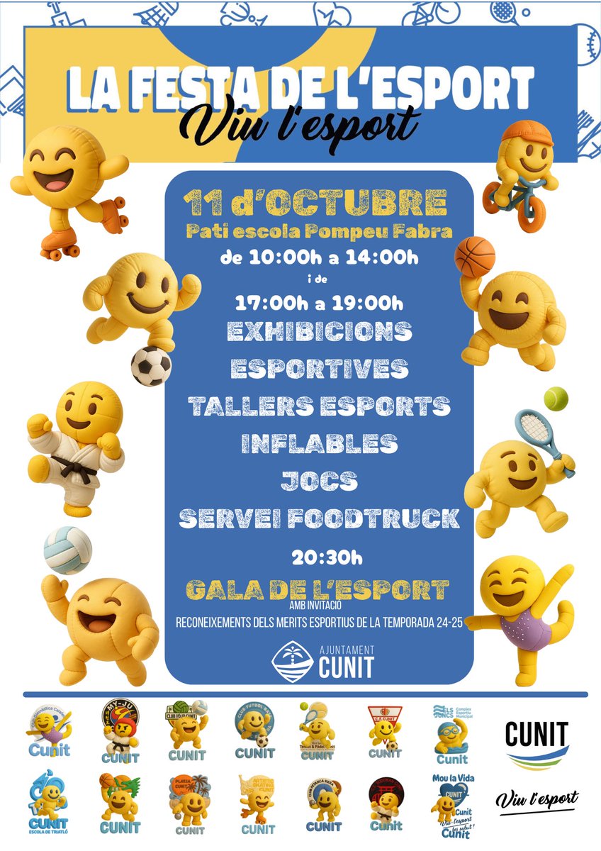 ℹ️ Cunit celebra la 3a Festa de l’Esport amb una jornada plena d’activitats, reconeixements i convivència.

cunit.cat/cunit-celebra-… #AjuntamentDeCunit #ElTeuAjuntament #Cunit
