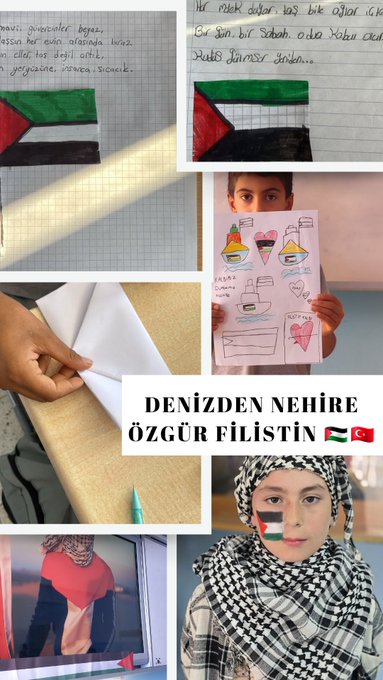 Multiple classroom scenes show students in uniforms sitting at desks with Turkish and Palestinian flags on walls and tables, some holding or drawing Palestinian flags, others writing on papers with school supplies like notebooks and pens visible, a school emblem seal appears in one panel, children in headscarves participate in activities, drawings of Palestinian symbols and maps on worksheets.