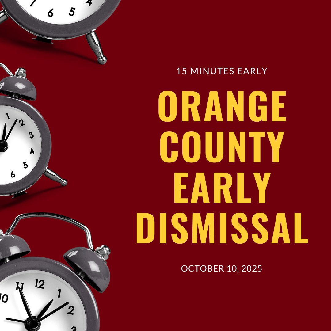🚨 Early Release Fri, Oct 10 🚨
All schools dismiss 15 mins early for the Orange County Emergency Drill.
🕒 Dismissal:
JIO 1:35 | PreK 2:15 | K–8 2:45
No CONNECT/Healthy Kids.
Buses adjusted—plan ahead!

#OCEmergencyDismissal #EarlyRelease #HFFMCSD #JIO #HFIS #FMES