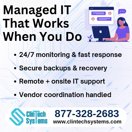 ClintechSystems's tweet image. Managed IT That Works When You Do

• 24/7 monitoring &amp;amp; fast response
• Secure backups &amp;amp; recovery
• Remote + onsite IT support
• Vendor coordination handled

📞 877-328-2683 
✉ info@clintechsystems.com
🌐 clintechsystems.com

#ManagedIT #HealthcareIT #ClinTechSystems