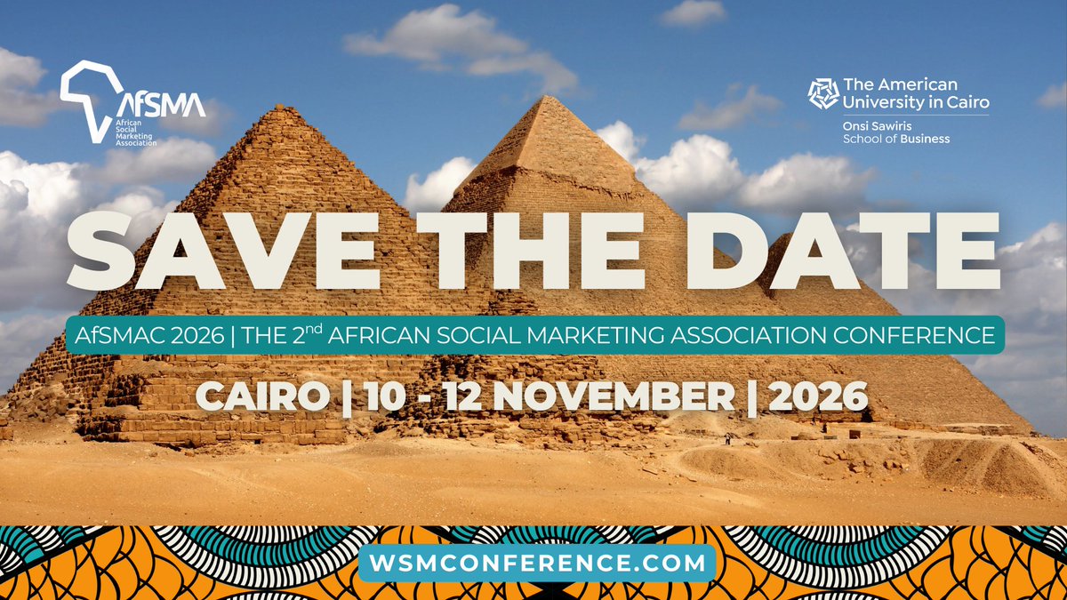 🌍 Save the date!
Join us in Cairo, Egypt | 10–12 Nov 2026 for the 2nd African Social Marketing Association Conference (AfSMAC 2026).

Theme: “Behaviour Change for Sustainable Social Impact: Integrating Policy, Community and Individual Action”

We're proud to be partnering with