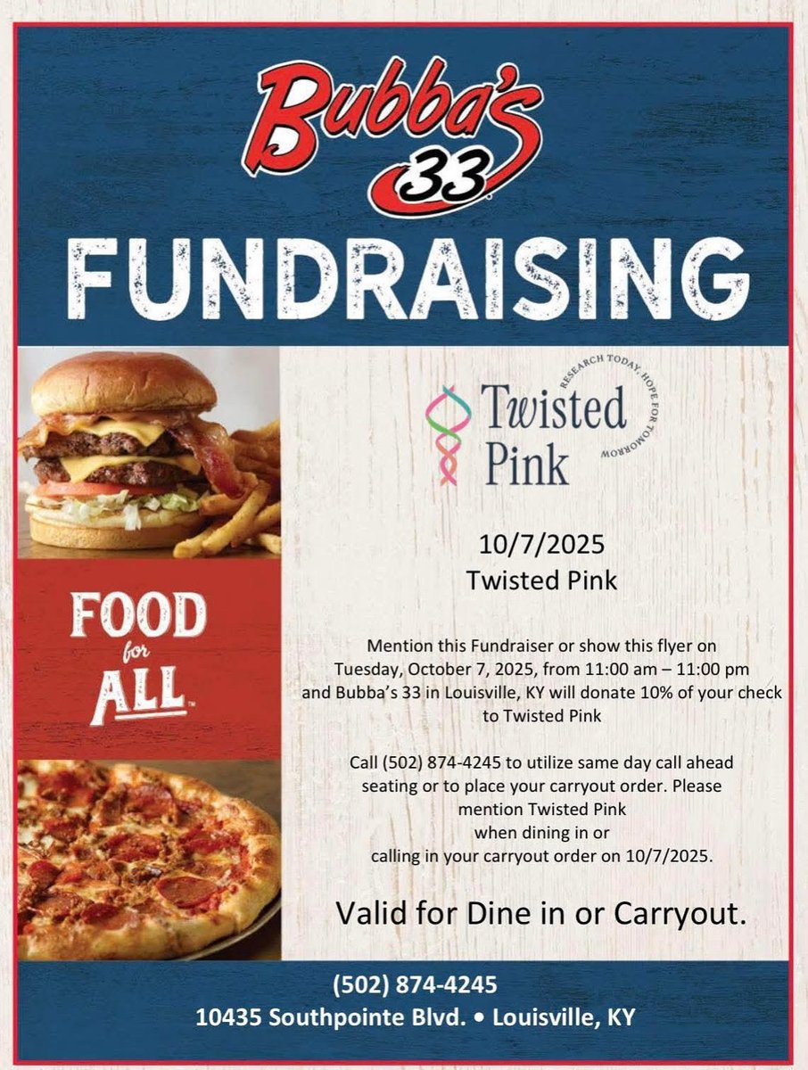 twistedpinkorg's tweet image. Feeling like BBQ tonight?  Head over to Bubba&apos;s to support Twisted Pink.  #stageIVneedsmore, #researchnotribbons, #makingpinkmatter, twistedpink, BCAM