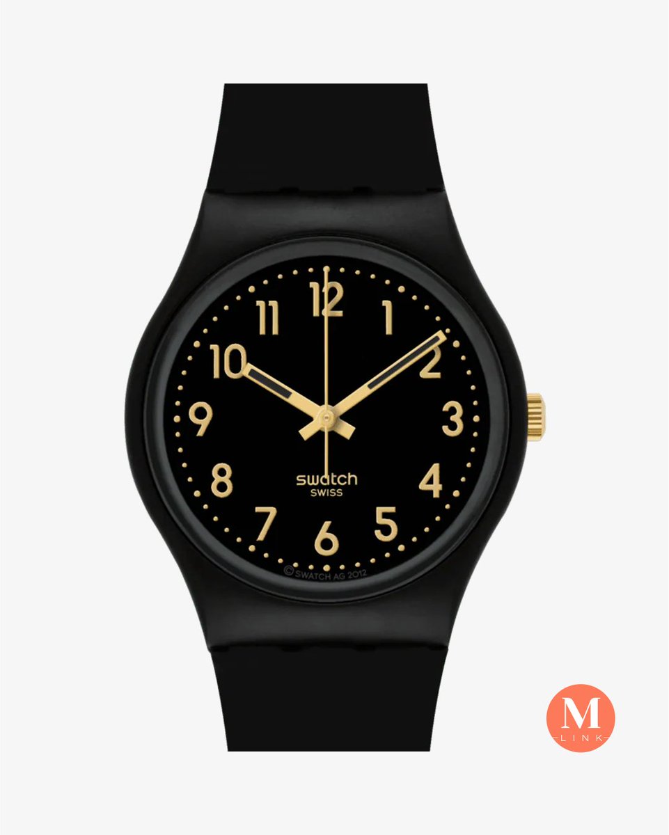 marcolinolink's tweet image. Um vislumbre de dourado distingue este relógio que tem uma bracelete e caixa em preto, ambas feitas com materiais de origem biológica. Os números no mostrador preto tornam cada hora numa hora dourada.

#Swatch