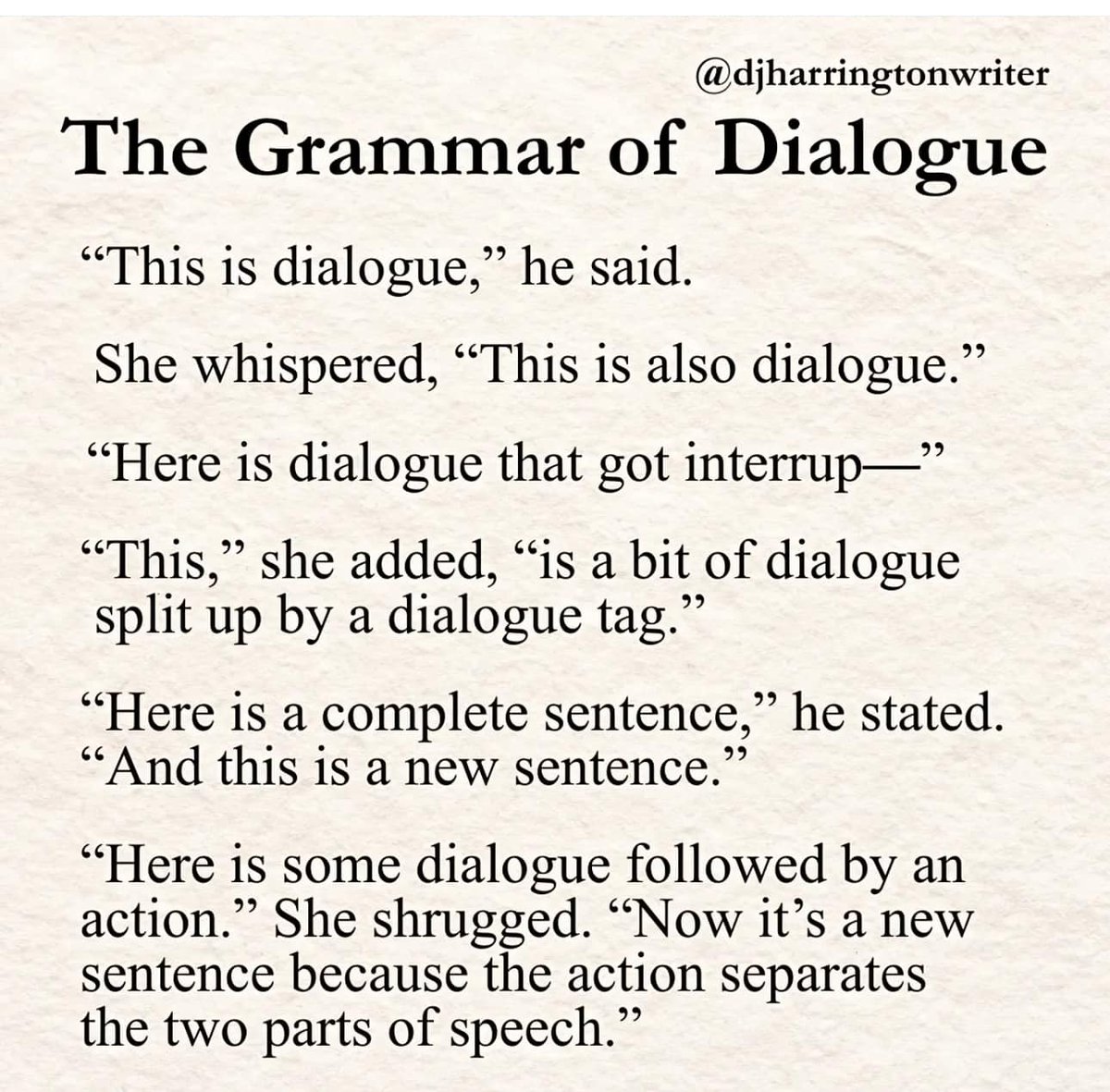 Just a helpful little cheat sheet on how to punctuate dialogue. It doesn't cover everything, of course, but it's not bad.