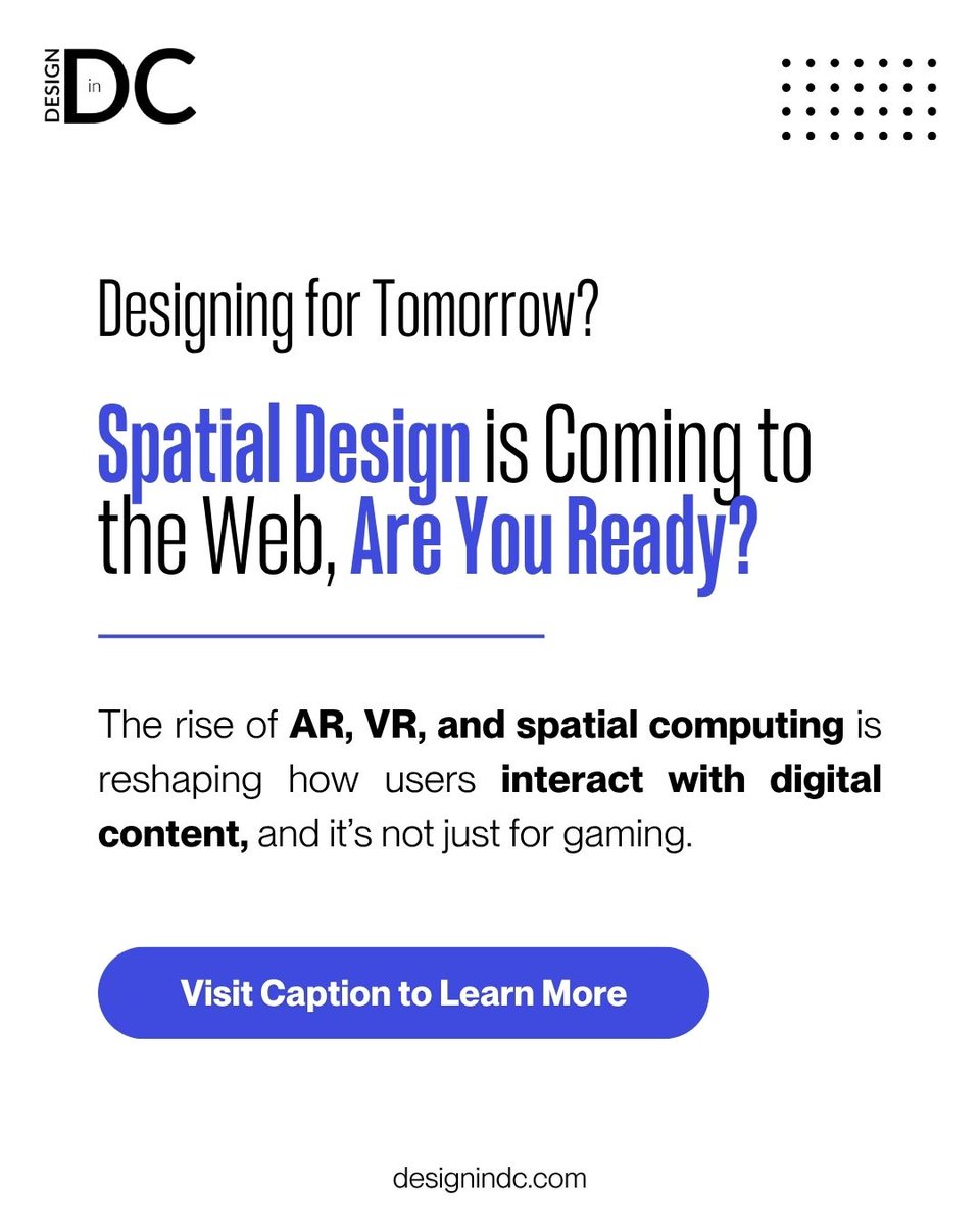 DesignInDC's tweet image. The web is going 3D. 🌐✨ With AR, VR &amp;amp; spatial computing, users won’t just scroll—they’ll step into digital experiences.

Think immersive showrooms, 3D UX &amp;amp; gesture-based navigation. Ready to design beyond the screen? 

#SpatialDesign #WebTrends #ARVR #UX