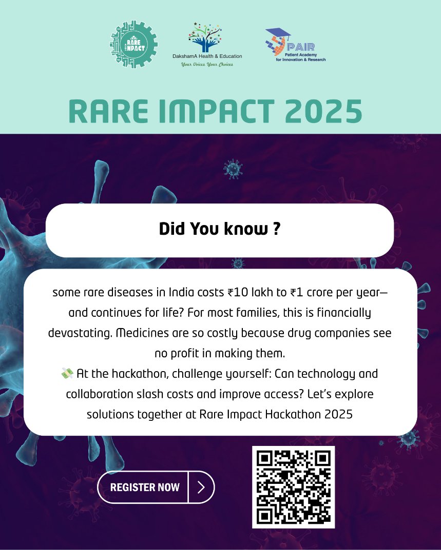 💊 Treating rare diseases in India can cost up to ₹1 crore a year.
Can tech + teamwork make care affordable? 💚
Join the mission: innovation meets compassion.

Register now to Participate:  dakshamahealth.org/Hackathon.html