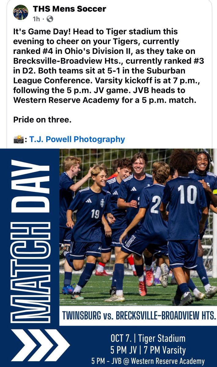 Big game tonight at Tiger Stadium at 7 pm. 

Suburban League Championship on the line!!

<a href="/Prideon3/">Twinsburg High School Mens Soccer</a> <a href="/PPVLadyTigers/">LadyTigersSoccer</a> <a href="/TwinsburgTigers/">Twinsburg Athletics</a> <a href="/ayso1026/">Twinsburg AYSO 1026</a>