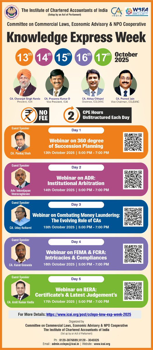 Knowledge Express Week by  Committee on Commercial Laws, Economic Advisory &amp; NPO Cooperative of ICAI from 13-17 October 2025 at 5 PM - 7 PM. 

Details: 

icai.org/post/cclnpo-kn…