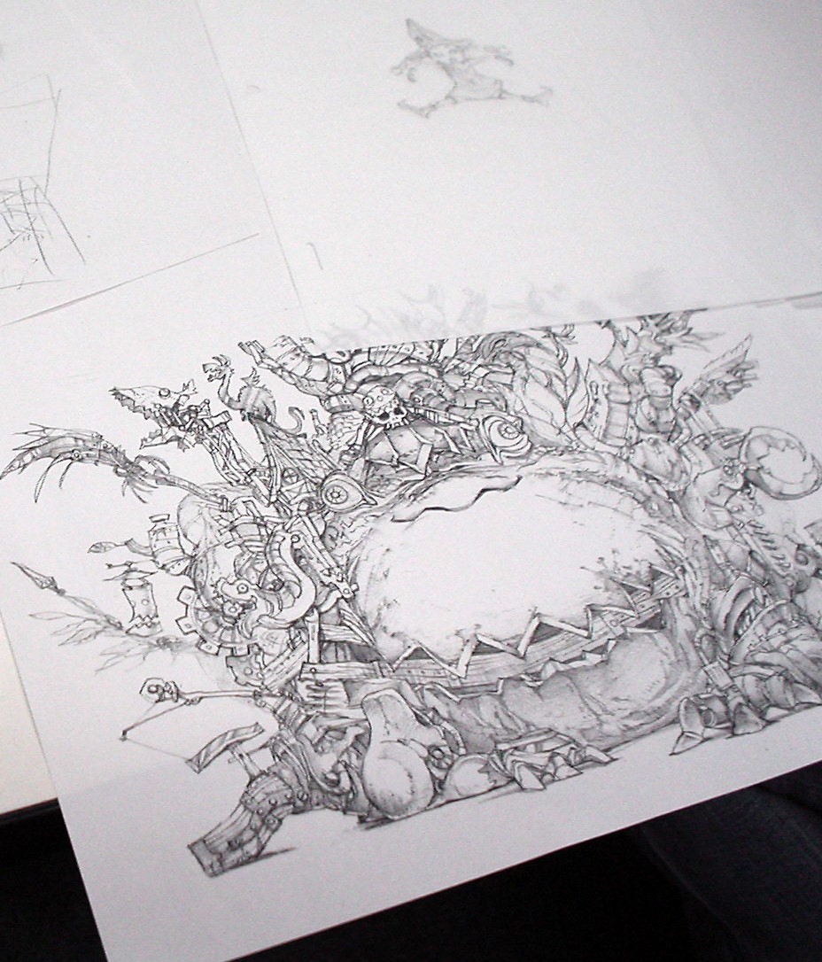 sukedaiRU's tweet image. About the illustration I drew for Animage. I combined creatures and objects in the background to condense and express the world’s atmosphere. The producer saw it and said, “This is great—let’s make it a poster,” so this is a photo taken while I was redrawing it for that.