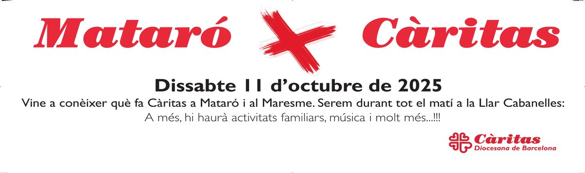 📢 No et perdis la jornada Mataró x Càritas!

Hi serem tot el matí donant a conèixer la nostra activitat a Mataró i al Maresme. A més, hi haurà activitats i música per a tota la família.

📅 11 d'octubre
🕧 10 - 14h
📌 Can Cabanelles, Mataró

➕  info: caritas.barcelona/agenda-caritas…