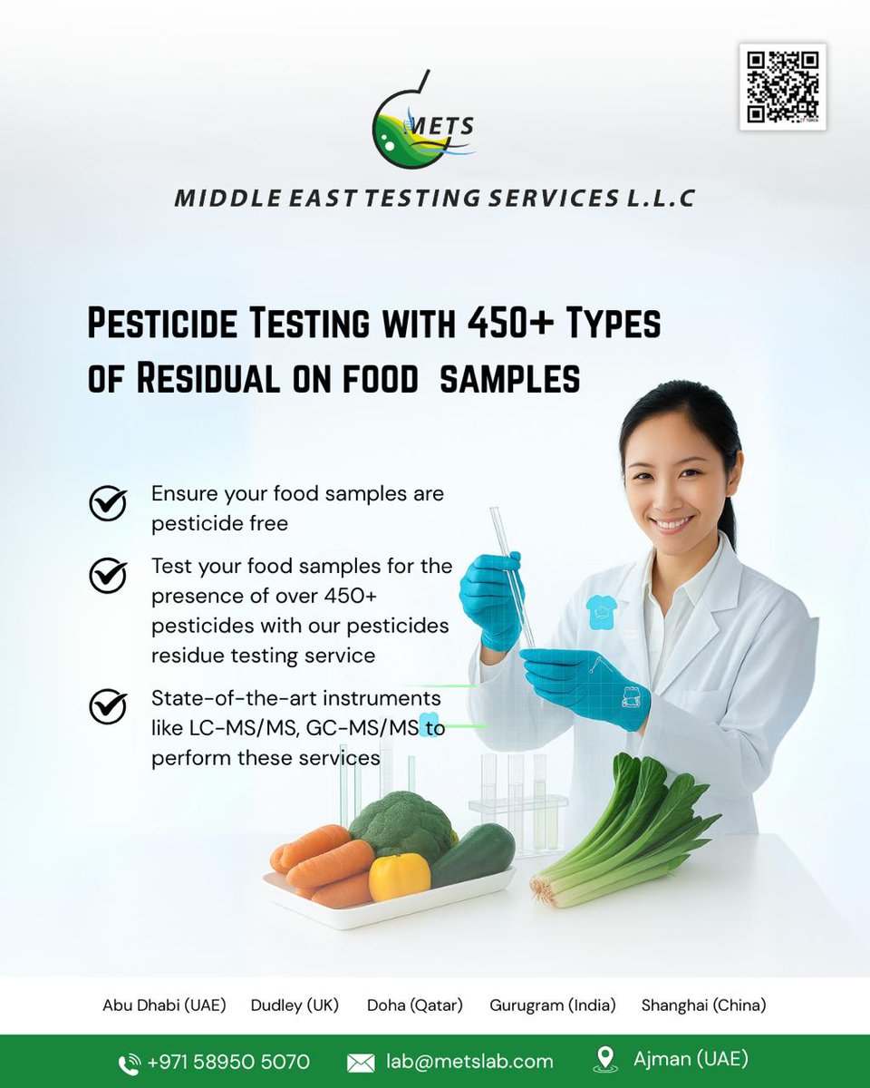 MetsLab_'s tweet image. Food safety starts with trusted testing.   
METS checks 450+ pesticide residues in food samples using LC-MS/MS &amp;amp; GC-MS/MS for accurate, compliant results.

📞 +971 58950 5070 | ✉️ lab@metslab.com | 🌐 metslab.com

#FoodSafety #PesticideTesting #METS