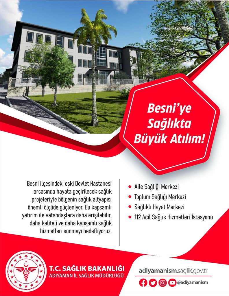 📣Besni’ye Sağlıkta Büyük Atılım!

✅ Aile Sağlığı Merkezi
✅ Toplum Sağlığı Merkezi
✅ Sağlıklı Hayat Merkezi
✅ 112 Acil Sağlık Hizmetleri İstasyonu

📌 Proje hizmet alımı tamamlandı, yapım ihalesi aşamasına geçildi.
🛠️ Kısa sürede ihale tamamlanarak inşa süreci başlayacak.
Bu