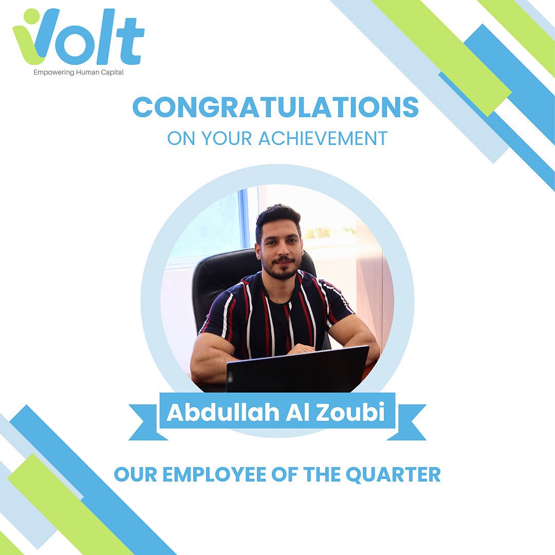 HrmsVolt's tweet image. Abdullah Al-Zoubi our Employee of the Quarter, Sets a New Standard for Success with Remarkable Achievements! Congratulations Abdullah 🎉

#volthrms #employeeofthequarter #hrmanagement #humanresources #payroll  
#SmartHR #إدارة_الموارد_البشرية