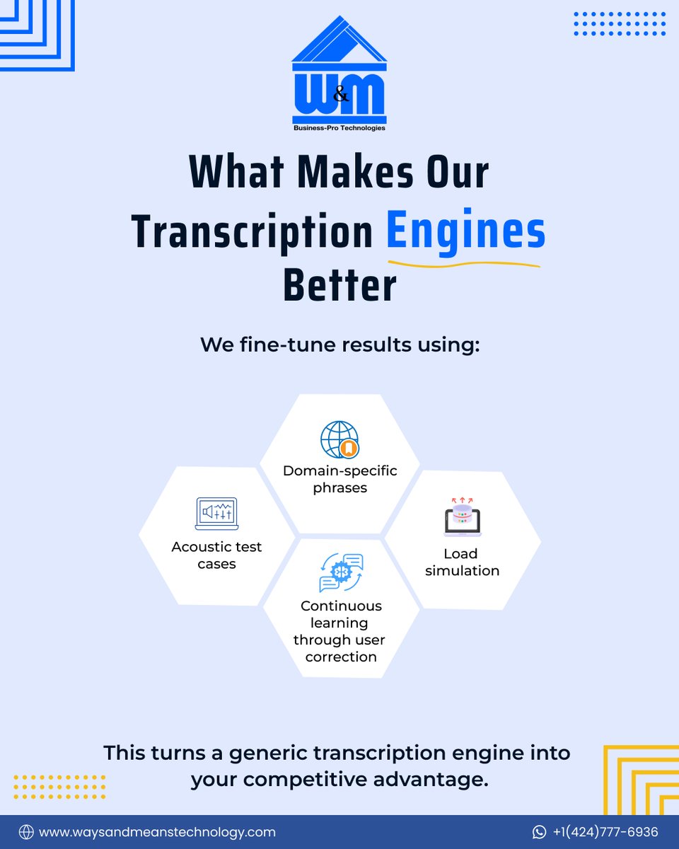 WMTechnology's tweet image. Workflow Wednesday:
We build speech-to-text apps that go beyond APIs.
Custom engines, contextual UX, and adaptive scaling.
Let’s build yours.
+1 (424) 777-6936 | waysandmeanstechnology.com
#SpeechToText #WorkflowWednesday #WMTechnology