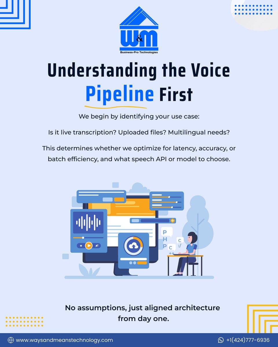 WMTechnology's tweet image. Workflow Wednesday:
We build speech-to-text apps that go beyond APIs.
Custom engines, contextual UX, and adaptive scaling.
Let’s build yours.
+1 (424) 777-6936 | waysandmeanstechnology.com
#SpeechToText #WorkflowWednesday #WMTechnology