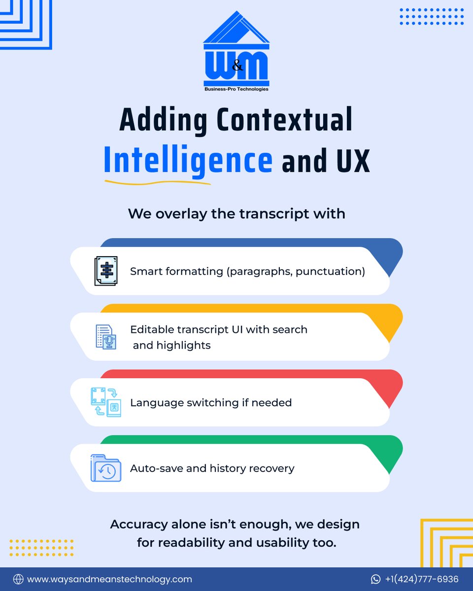 WMTechnology's tweet image. Workflow Wednesday:
We build speech-to-text apps that go beyond APIs.
Custom engines, contextual UX, and adaptive scaling.
Let’s build yours.
+1 (424) 777-6936 | waysandmeanstechnology.com
#SpeechToText #WorkflowWednesday #WMTechnology