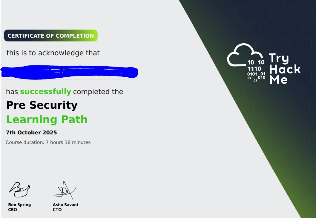 sayhikaalix's tweet image. 50% less confusion, 100% more confidence-completed the #TryHackMe #PreSecurity path! Big step from zero to some foundations in #cybersecurity. Shoutout to @TryHackMe labs were 🔥. 
#infosec 
#CybersecurityAwarenessMonth #100DaysOfCyberSecurity | Day 35
