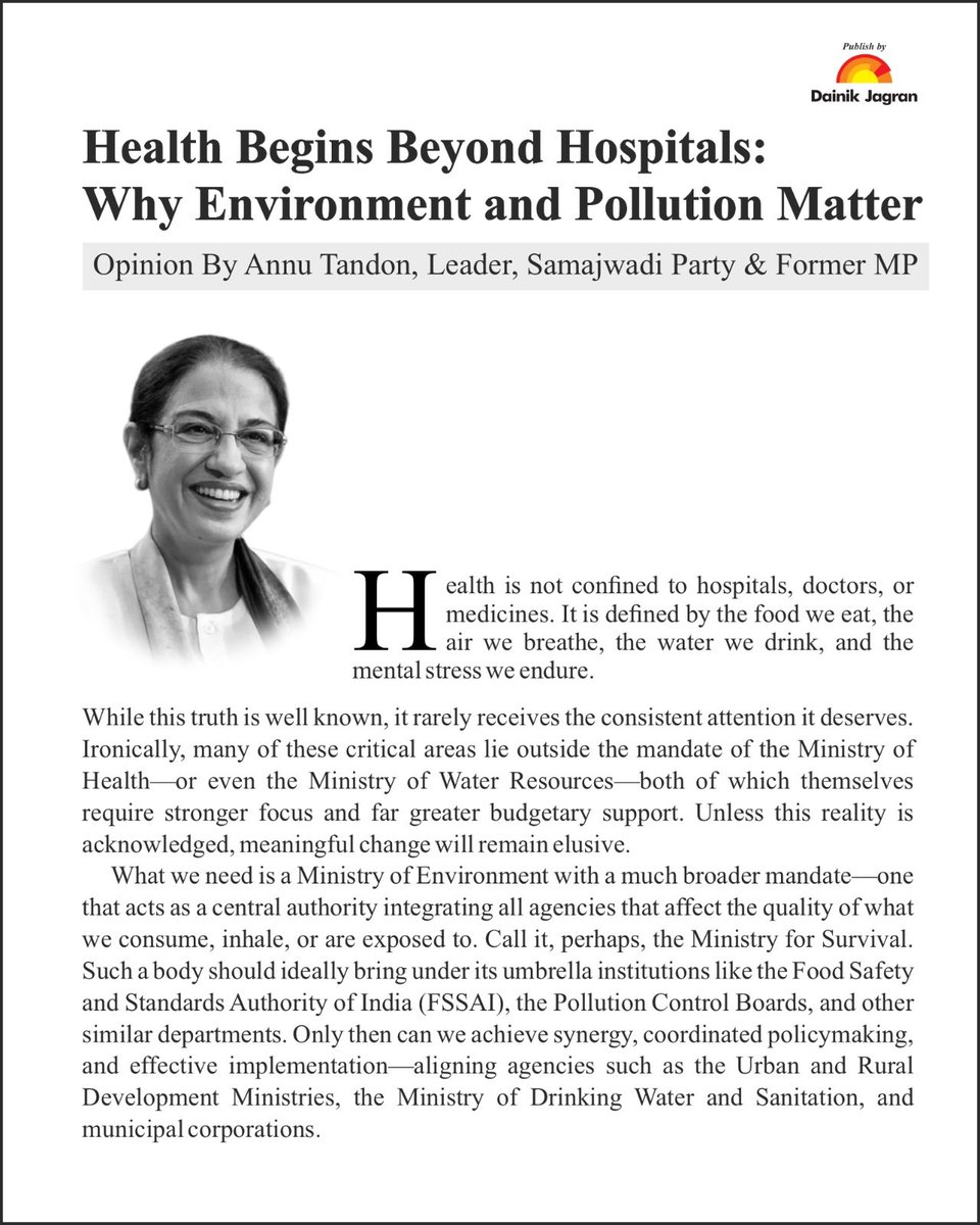 AnnuTandonUnnao's tweet image. Hospitals can treat illnesses, but true health begins with clean air, water, and environment. 🌿
In my latest article, I’ve shared why the real roots of healthcare lie beyond hospital walls.
Read here 👇🏼
english.dainikjagranmpcg.com/opinion/health…
#health #Healthcare #environment #Opinion