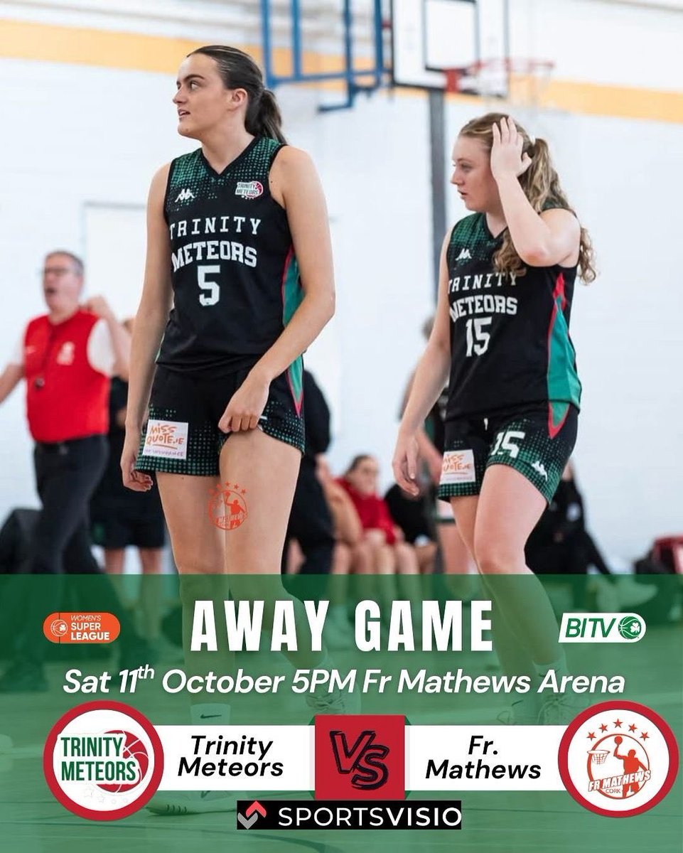 Away Game This Saturday 🏀

Trinity Meteors are on the road this weekend as we face Fr. Mathews in Cork.

📅 Saturday, 11th October
⏰ 5:00pm
📍 Fr. Mathews Arena

Let’s bring the fight on the road and keep building momentum in the Super League season 💚