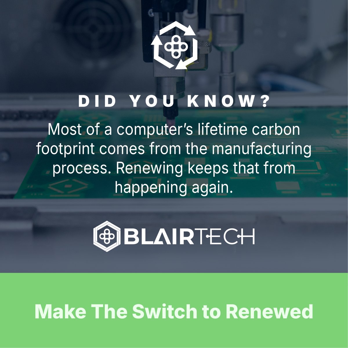 BlairTechKY's tweet image. ⚠️ Did you know that manufacturing a new computer emits around 661 lbs of CO2? 🌫️
Refurbishing this same computer would only emit a tenth of the amount of CO2.
Let’s make choices that benefit the 🌎 together: tinyurl.com/yc3smk7m
#MakeTheSwitchToRenewed ♻️