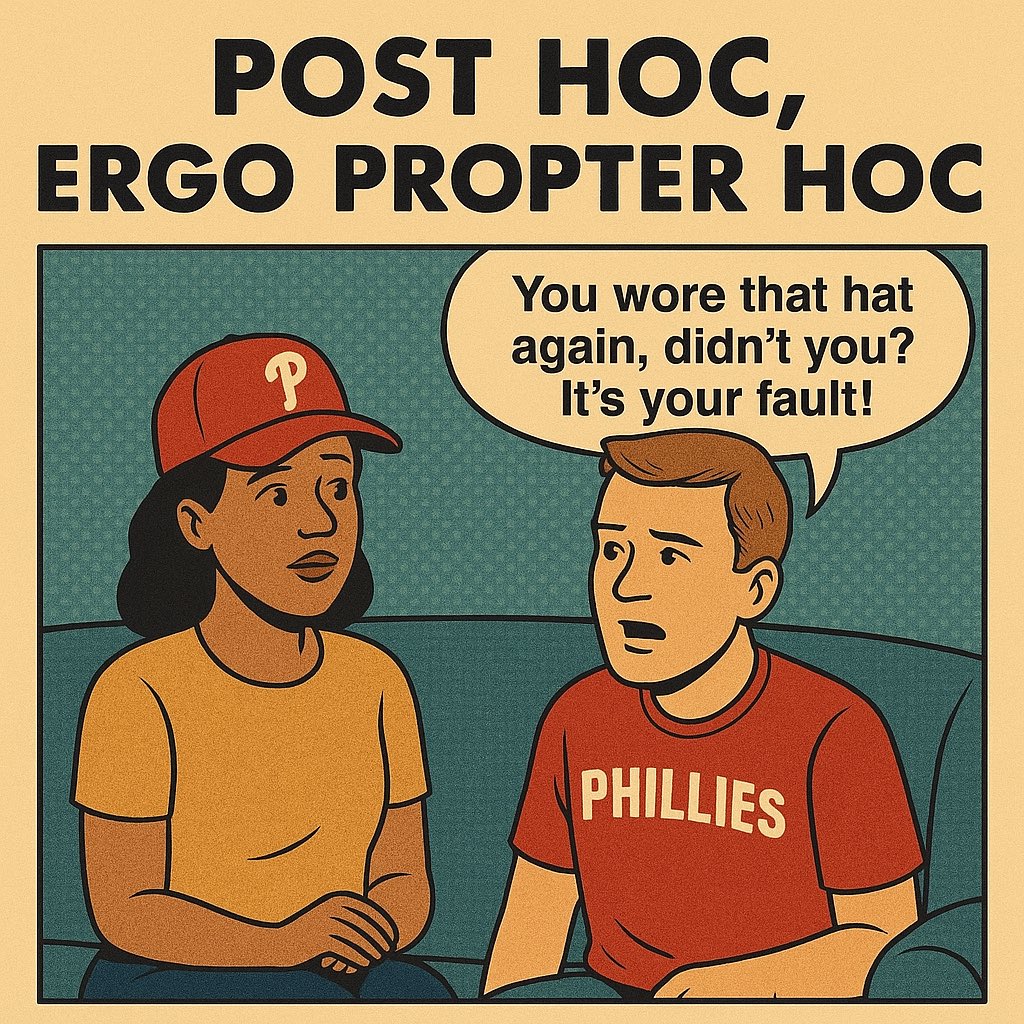 noblelawyers's tweet image. Post hoc, ergo propter hoc means “after this, therefore because of this”.

It’s when someone asserts that, because one event follows another, the first must have caused the second.
