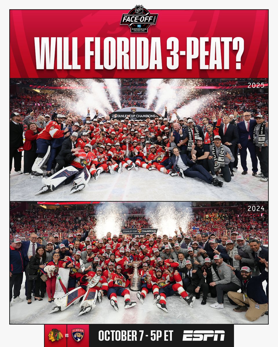 NHL's tweet image. Will we see a 3-peat for the first time since the Islanders&apos; dynasty in the 80s? 💬

The NHL regular season opens TONIGHT with a tripleheader starting at 5p ET with the @NHLBlackhawks vs. @FlaPanthers on @espn! #NHLFaceOff
