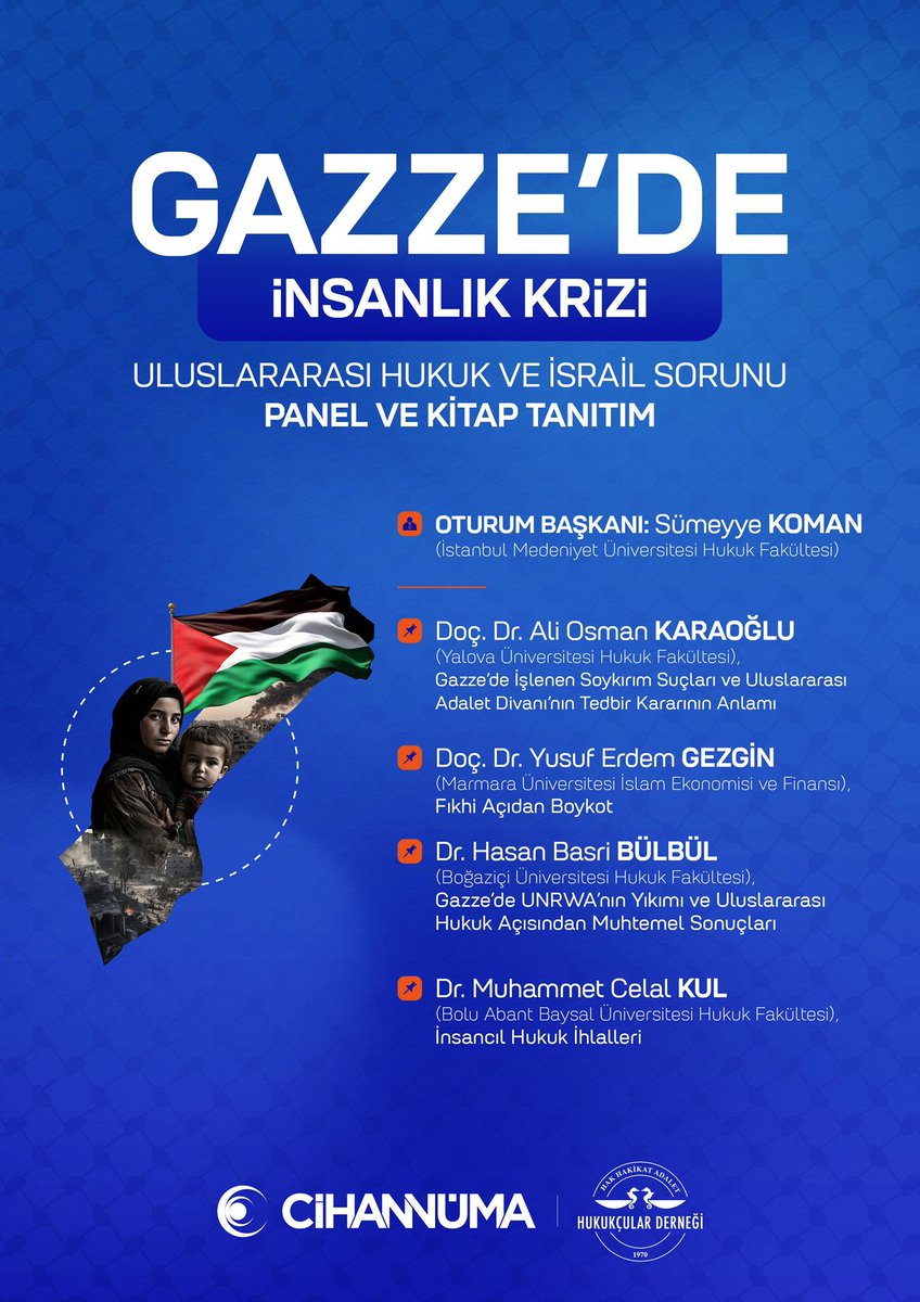“Gazze’de İnsanlık Krizi: Uluslararası Hukuk ve İsrail Sorunu” başlıklı panel ve kitap tanıtım programımızda, alanında uzman isimlerle Gazze’de yaşanan insani dramı ve uluslararası hukuk çerçevesinde İsrail sorununu ele alıyoruz.