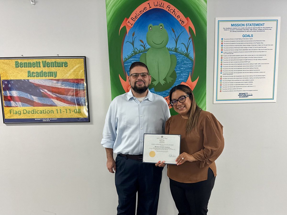 Bennett Venture Academy (with Principal Eunice Lopez) in Toledo received the Auditor of State Award ✅ 🏆