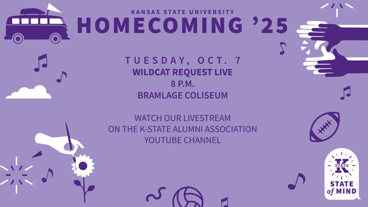 KStateAlumni's tweet photo. Here's the number 1 thing happening today for Homecoming Week:
๐ค Wildcat Request Live, 8 p.m.
๐ Bramlage Coliseum
Livestream here: https://t.co/EpcyDIY6fG
#KStateHC https://t.co/99vrCmPIVj