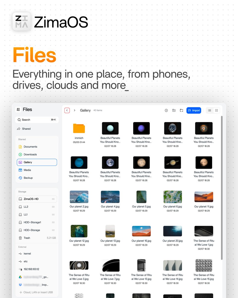 ZimaSpace's tweet image. ZimaOS Key Feature #5
Files — fast, unified, effortless.

Massive boosts to transfers, preview, video playback, and docs. One place for everything: local drives, LAN shares, Google Drive, Dropbox, OneDrive.  Try now: bit.ly/4gUTzdF

#ZimaOS #NAS #Files #CloudStorage