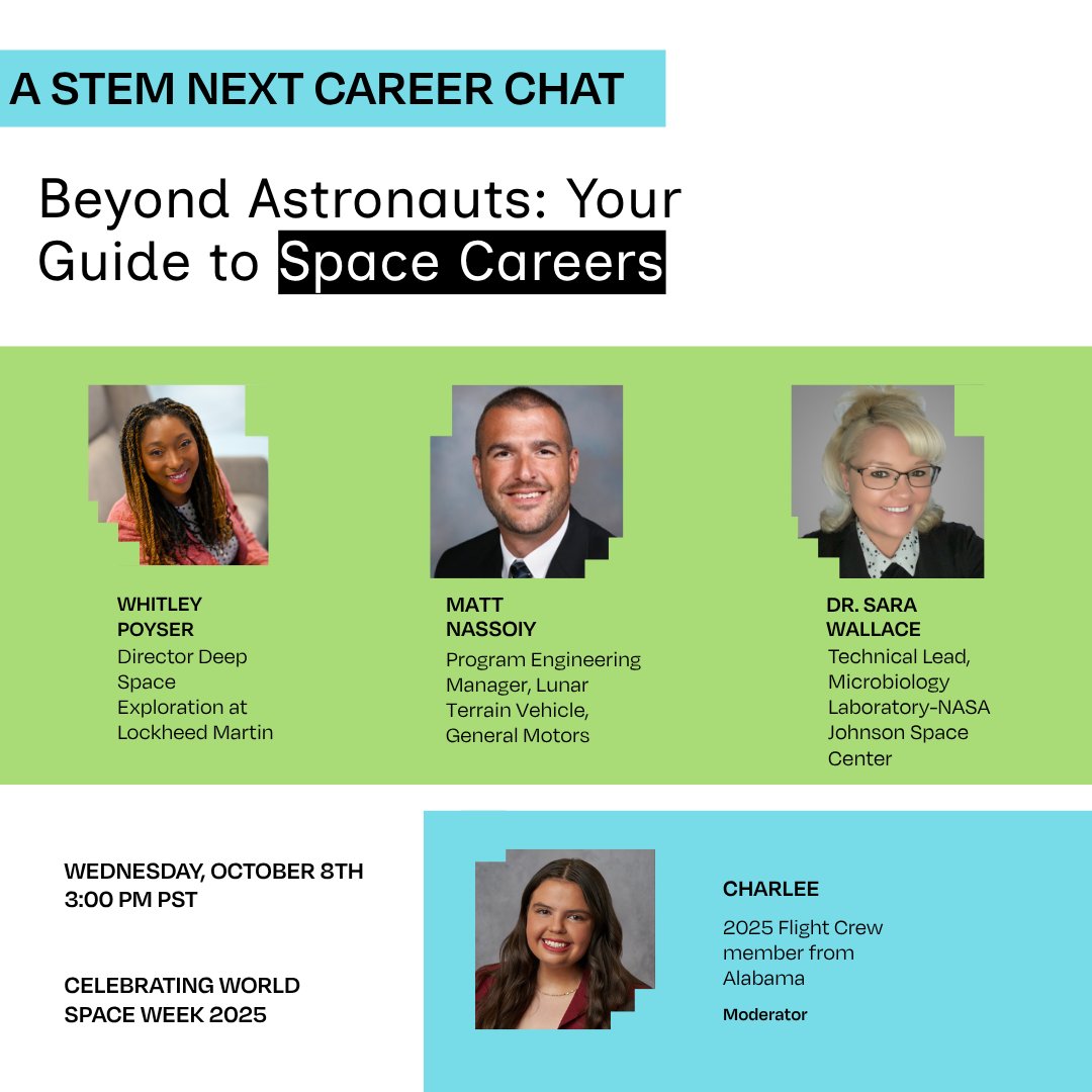 STEMNext's tweet image. Tomorrow, Oct 8: STEM Next’s World Space Week Career Chat for youth.
Meet pros from NASA, Lockheed Martin, and GM.

Learn how to start your STEM journey now.

Register: bit.ly/Beyond_Astrona…
#WorldSpaceWeek #STEMEd #CareerConnectedLearning #YouthSTEM