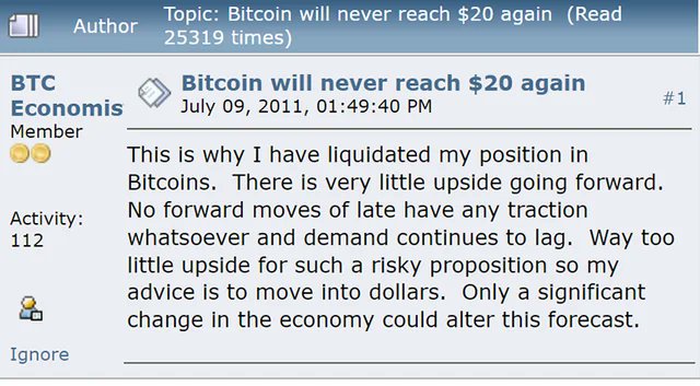 Screenshot of a Bitcoin Magazine article from July 9 2011 titled Bitcoin will never reach $20 again under Economics section with author note of very little upside position going forward no forward moves of late have any traction way too little upside for such risky proposition advice to move into dollars only significant change in economy could alter forecast includes activity metrics like 112 ignores and 2531 times read.