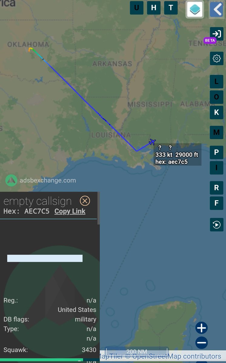 E-6B Mercury (?)
#AEC7C5 out of Tinker AFB 
Need eyes on this one as there are possibilities of E-3, B-52?
The future track should confirm. I'm leaning towards E-6, however.
<a href="/Borrowed7Time/">Johnny Gemini</a> <a href="/neetintel/">NEET INTEL</a> <a href="/N214WN/">Nick H. ✈︎</a> <a href="/LadyAstroJet/">Jamie T</a>