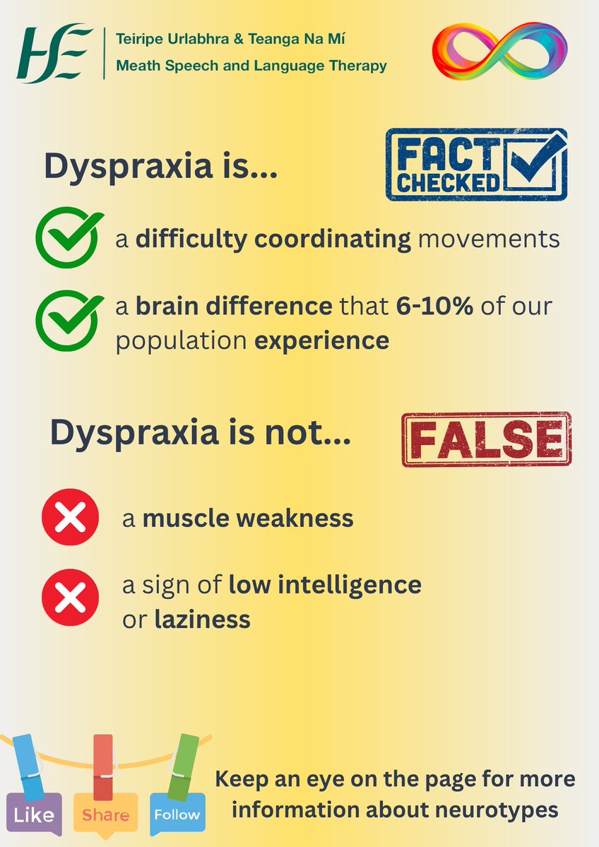Meath HSE Speech and Language Therapy (@meathslt) on Twitter photo #Dyspraxia, also known as #DevelopmentalCoordinationDisorder (DCD) is a brain difference that affects motor skills, motor planning and coordination.
<a href="/dyspraxiaIRL/">Dyspraxia Ireland</a>
#Neurodiversity #InclusionMatters #SLP #DyspraxiaAwarenessWeek #meathslt #SLT #Communication #neurodivergent #Dyspraxia, also known as #DevelopmentalCoordinationDisorder (DCD) is a brain difference that affects motor skills, motor planning and coordination.
<a href="/dyspraxiaIRL/">Dyspraxia Ireland</a>
#Neurodiversity #InclusionMatters #SLP #DyspraxiaAwarenessWeek #meathslt #SLT #Communication #neurodivergent