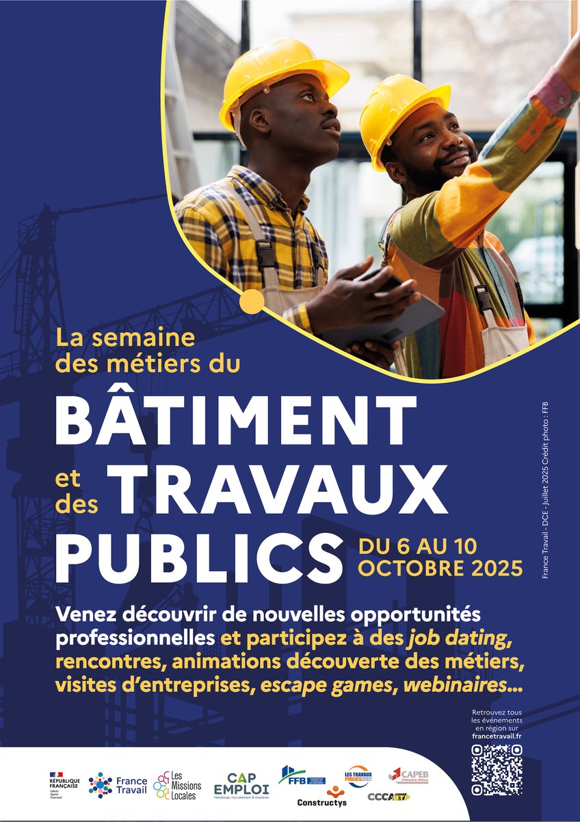 Du 6 au 10 octobre, la Semaine du BTP met à l’honneur les entreprises qui construisent la Guyane 🏗️
Valorisez vos métiers et contribuez à l’emploi local.

📅 Consultez le calendrier des événements :
👉 francetravail.fr/region/guyane/…

#FranceTravail #Guyane #Entreprises #BTP #Emploi