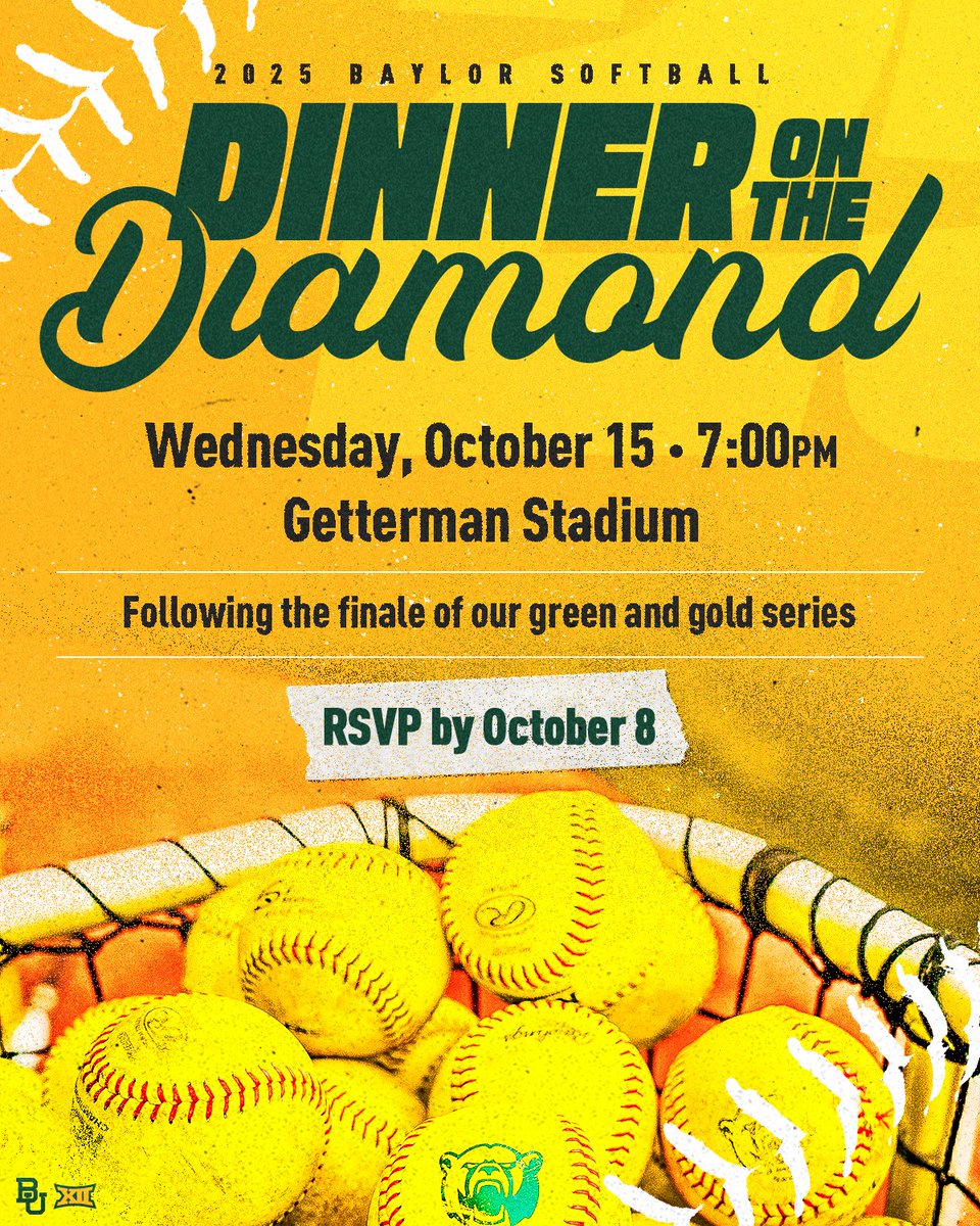 BaylorSoftball's tweet photo. There's still ⏰ to join us for our 2025 Dinner on the Diamond!

🔗: https://t.co/lQl1bAWnRf

✅ Meet the Team
✅ Preview the 2️⃣0️⃣2️⃣6️⃣ Season
✅ Raffle Prizes

#SicEm🐻🥎 https://t.co/Rec0pBq3KM