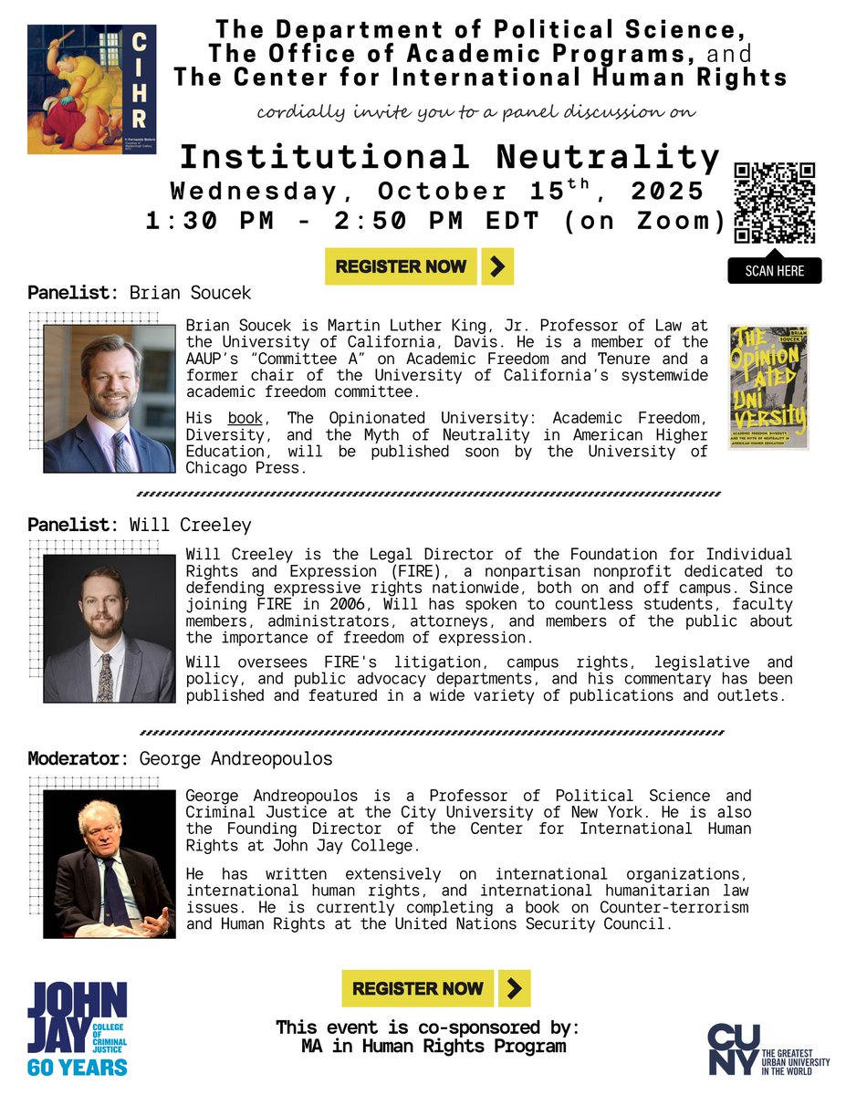 Join us Oct 15 (1:30 PM EDT) for a panel on Institutional Neutrality, exploring what academic neutrality means, why it matters, &amp; how it shapes campus life. Register here: jjay-cuny.zoom.us/meeting/regist…