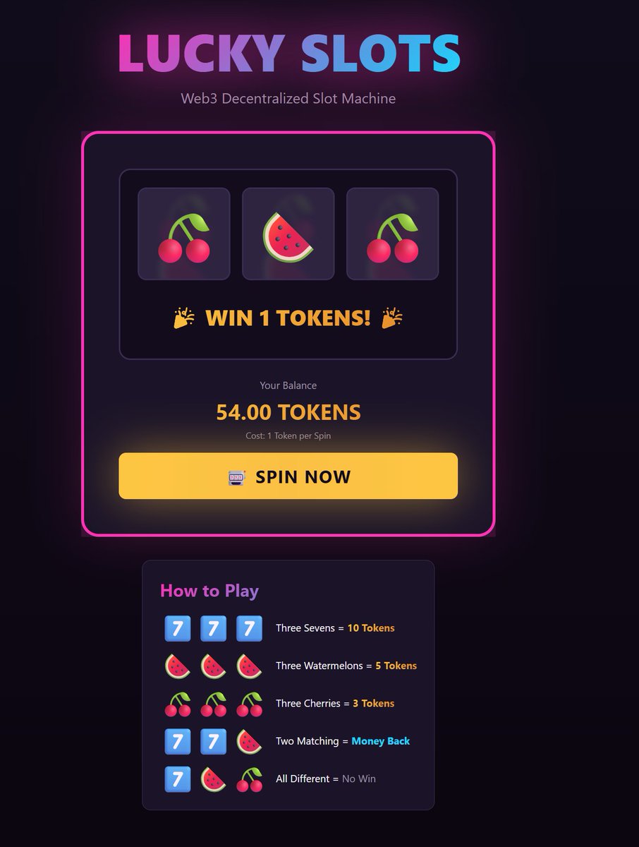 I remembered that <a href="/Arithmos0x/">//Arithmos</a> made an ethos-like application using <a href="/AIWayfinder/">Wayfinder Foundation</a> and <a href="/lovable_dev/">Lovable</a> , and I just felt like I needed to give it a try myself - to turn my lottery contract into a slot-like website. I don’t really have any strong technical or coding skills, but I