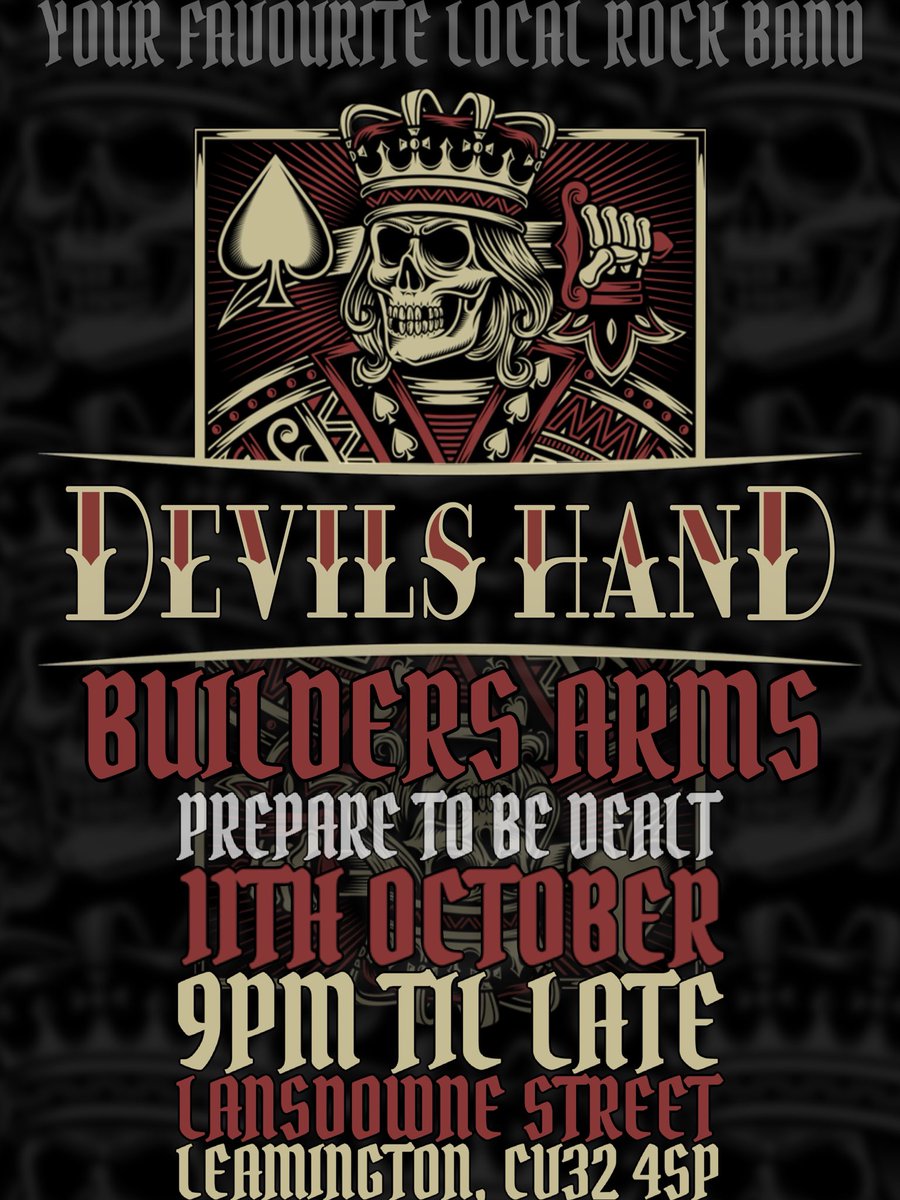 DevilsHandBand's tweet photo. This Saturday, we’re testing your ears and your energy after an amazing showing last week at the Greyhound. Prepare To Be Dealt… Builders Arms Live With Devils Hand! Let’s see what you guys have got! 👀😬👹🤘🏻 https://t.co/DZjqAXPpEG