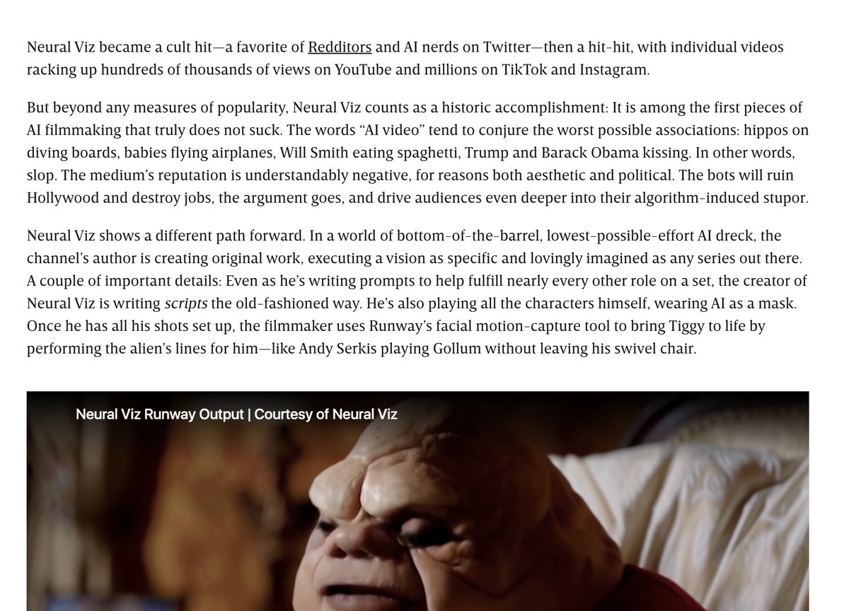 Cristóbal Valenzuela (@c_valenzuelab) on Twitter photo Recommend reading this profile on <a href="/NeuralViz/">Neural Viz</a>. A reminder that there's a different path forward than slop. AI as a tool for human imagination. Many incredibly talented artists are creating great content and art, just doing it silently, building an audience, and having fun. Recommend reading this profile on <a href="/NeuralViz/">Neural Viz</a>. A reminder that there's a different path forward than slop. AI as a tool for human imagination. Many incredibly talented artists are creating great content and art, just doing it silently, building an audience, and having fun.