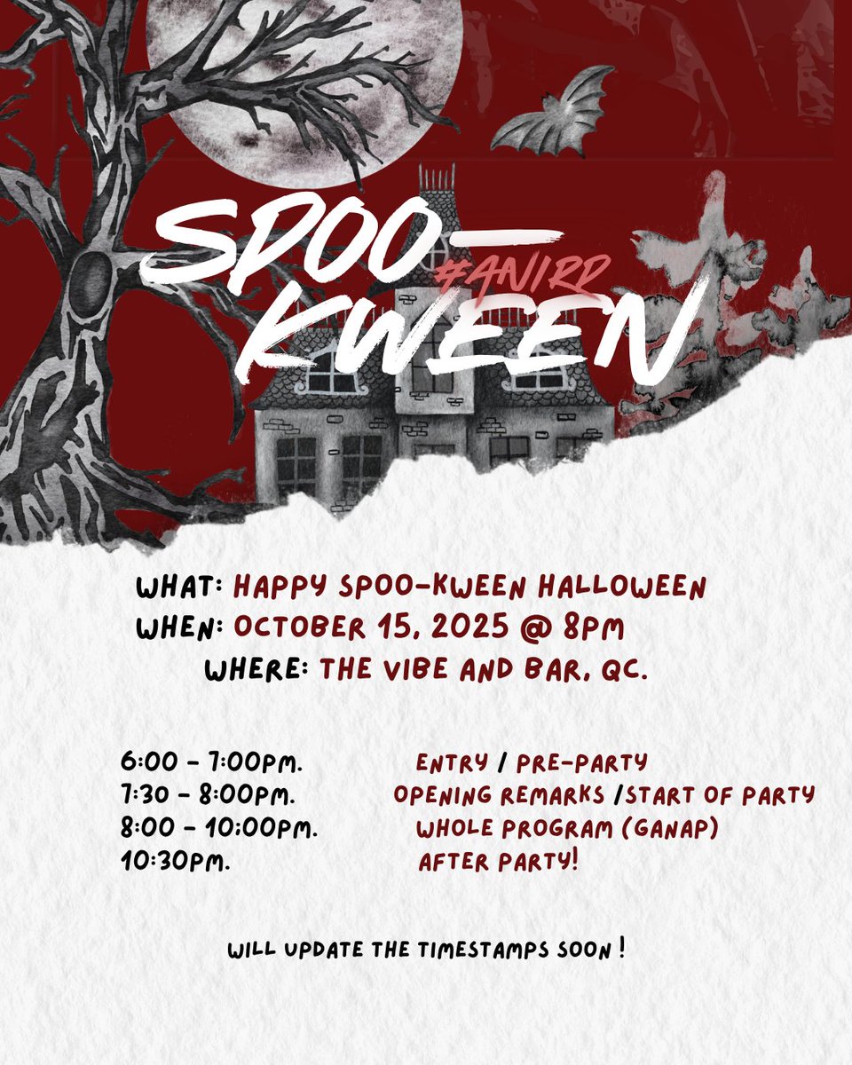 JMS_OFFICIALS's tweet photo. good evening, ladies and gentlemen 📣
hold your red markers and mark the date!
October 15, 2025 — 8PM
@ The Vibe and Bar, QC.
dress pretty or creepy, we would love to see you all in glam!
this is #SPOOKWEEN halloween, see you there !! 🫡🫡 https://t.co/Xpqsqc0WBV