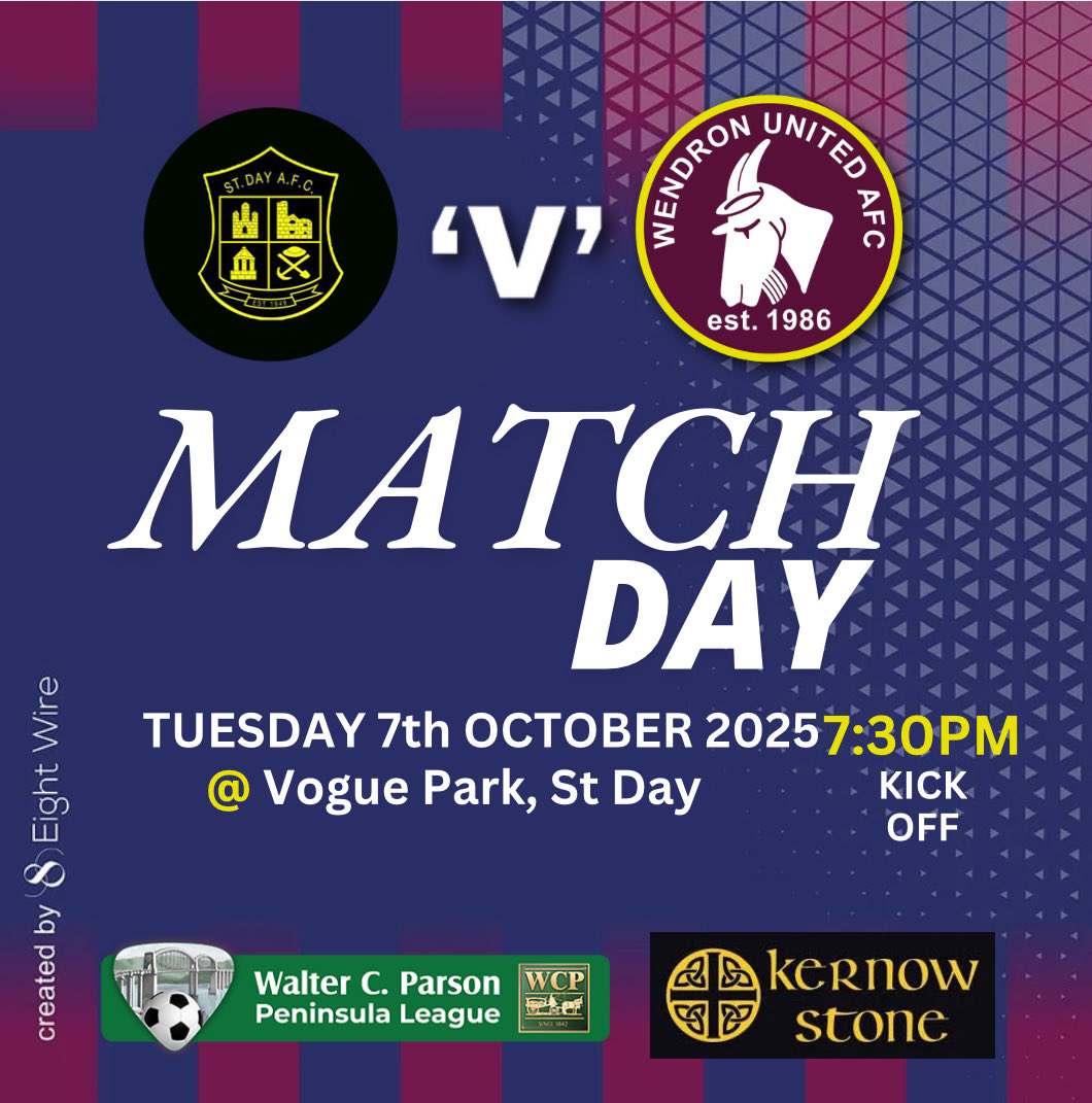 MATCHDAY 

We go you Vogue Park, home of <a href="/STDAYAFC1/">St Day AFC</a> as we take on The Saints in the <a href="/swpleague/">WALTER C. PARSON PENINSULA LEAGUE</a>, kicking off at 7.30pm

<a href="/Cornishfootball/">Dave Deacon</a> 
<a href="/swsportsnews/">South West Sports News</a> 
<a href="/NonLeagueHQ1/">NonLeagueHQ</a> 
<a href="/NonLeaguePaper/">The Non-League Paper</a>