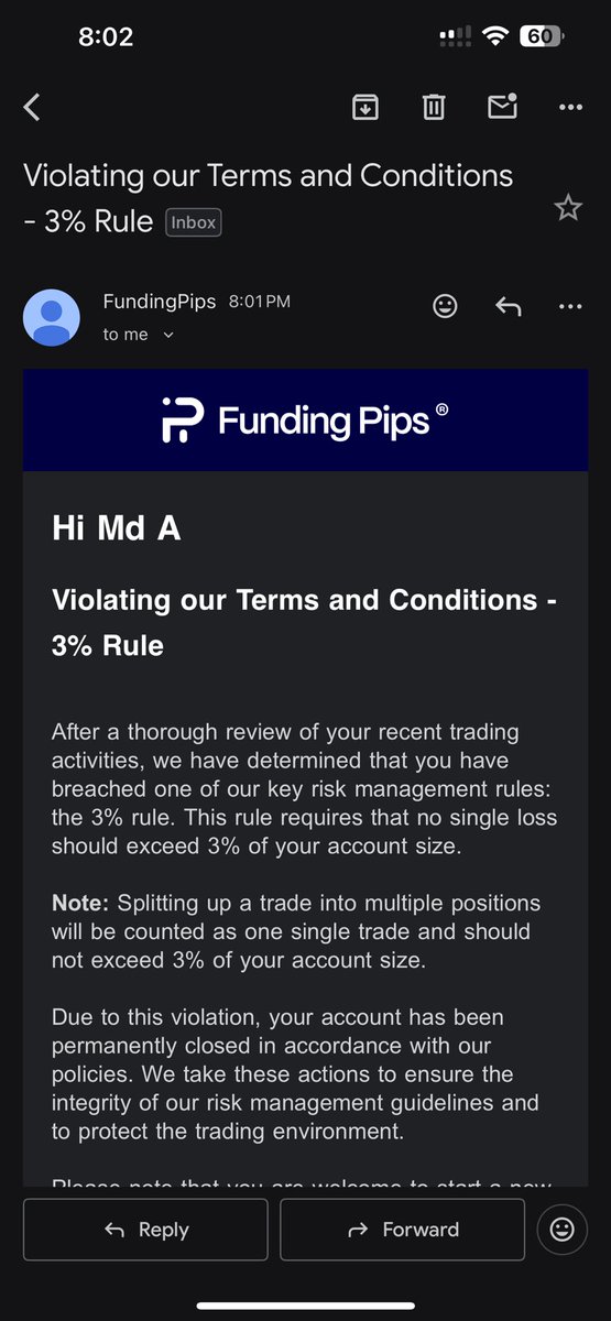 Styles_262's tweet image. I also got breached yesterday my 100k account gone because of this🥹 @Khldfx 
Exact same reason. Both trades  not open at same time first SL  hit for 1530$ then i rentered then 2802$ loss now both will consdidered as same trade and account gone💔 #fundingpips this is not in FaQ