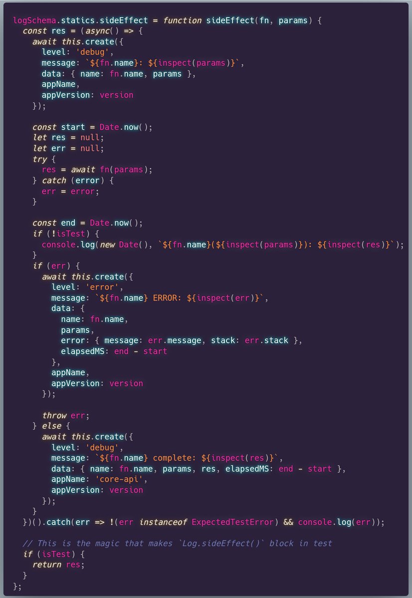 code_barbarian's tweet image. Also good for Locality of Behavior

All notifications, etc. are in the function, instead of some event layer indirection

Makes testing easier: the `if (isTest)` bit makes it so that `await Log.sideEffect()` waits for the result if NODE_ENV === &apos;test&apos;