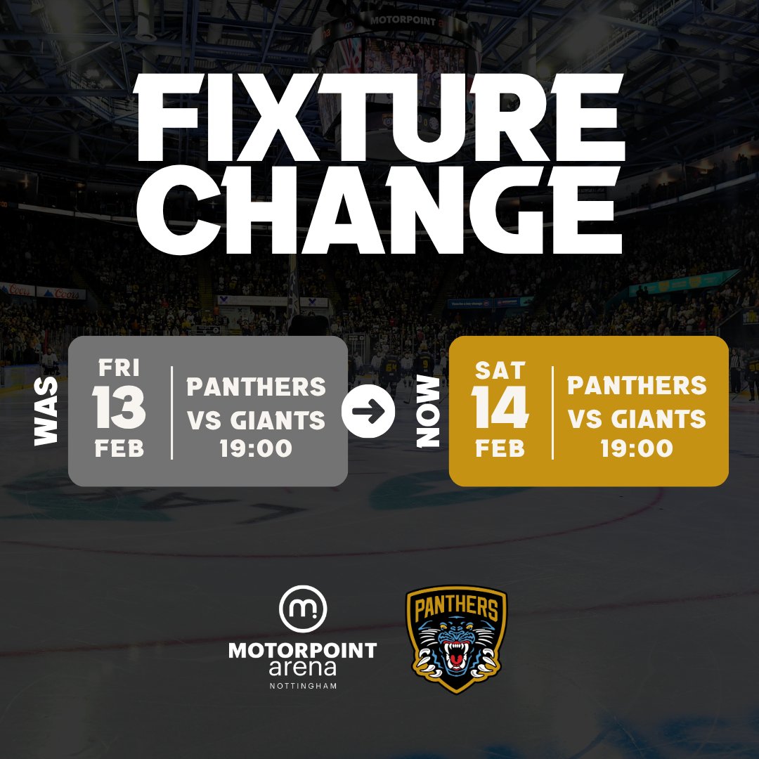 🗓🏒 The Elite League game between Nottingham Panthers and Belfast Giants at the Motorpoint Arena - originally scheduled for Friday 13th February - has been moved to Saturday 14th February (19:00 face-off)

🔗 Read more 👉 tinyurl.com/p42j5nx8