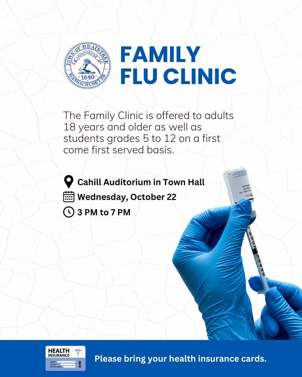 The TOB will be hosting another Family Flu Clinic in Cahill Auditorium at Town Hall on October 22, 3 PM-7 PM. Open to: Adults aged 18 and older Students in grades 5 through 12 Services are provided on a first-come, first-served basis. Bring your health insurance cards.