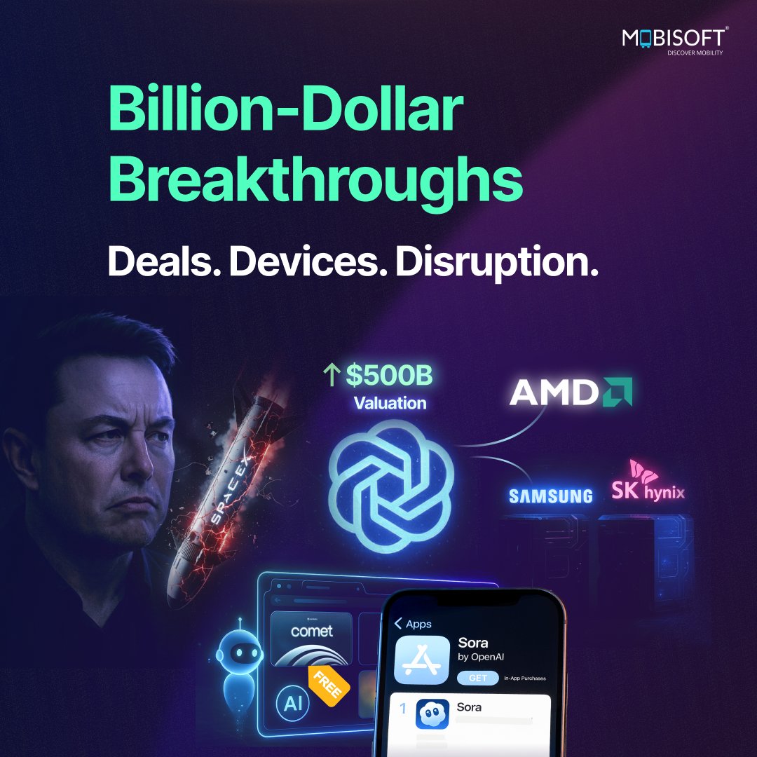 OpenAI’s $500B valuation, AMD deal, and viral AI waves. This week, they partnered with AMD for 6GW of GPUs and sent Sora to the top of the App Store.

Read more: mobisoftinfotech.com/resources/news…
Subscribe: linkedin.com/build-relation…
#OpenAI  #AIInnovation  #TechNews  #GPUs